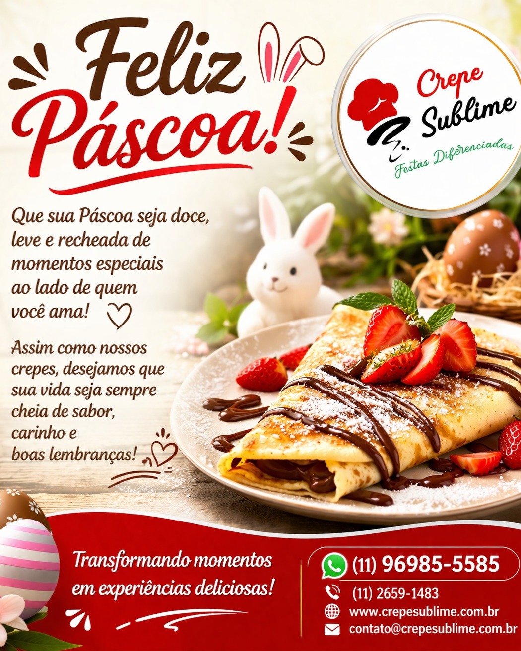 Feliz Páscoa! 

A Crepe Sublime deseja a você e sua família uma Páscoa repleta de paz, amor e harmonia.
Que este momento especial traga renovação, esperança e muitos motivos para celebrar a vida ao lado de quem você ama. 💛

Assim como cada evento que realizamos, que sua Páscoa seja única, doce e inesquecível!

Conte com a Crepe Sublime para tornar suas festas ainda mais especiais!

#FelizPáscoa #CrepeSublime #BuffetEmDomicilio #MomentosEspeciais