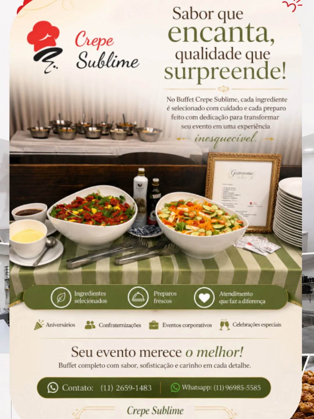 Experiência gastronômica com sabor, sofisticação e qualidade para o seu evento! 

O Buffet Crepe Sublime leva até você o melhor do buffet de massas e crepe francês em domicílio, com atendimento profissional, ingredientes selecionados e uma apresentação impecável.

Trabalhamos com:
* Buffet de massas frescas
*Crepe francês no capricho
*Festas, aniversários e eventos corporativos
*Atendimento em domicílio
*Qualidade, sabor e excelência em cada detalhe

Transforme seu evento em uma experiência inesquecível com um buffet elegante, saboroso e preparado com muito carinho.

📍 Atendimento em São Paulo e região
📲 Faça seu orçamento e surpreenda seus convidados!

#BuffetDeMassas #CrepeFrances #BuffetEmDomicilio #BuffetSP