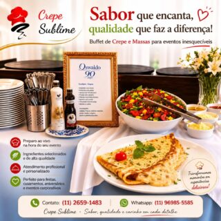 Buffet de Crepe Francês: Sabor, Elegância e Qualidade para o Seu Evento
Se você procura um buffet de crepe francês para tornar seu evento inesquecível, oferecemos uma experiência gastronômica completa, com ingredientes selecionados, atendimento profissional e muito sabor. Nosso buffet de crepe em domicílio é ideal para aniversários, casamentos, confraternizações empresariais, festas de debutante e eventos corporativos.
O crepe francês é preparado na hora, proporcionando uma experiência diferenciada para seus convidados. Trabalhamos com opções doces e salgadas, garantindo variedade e qualidade em cada atendimento. Nosso compromisso é oferecer um buffet para festas com organização, higiene, pontualidade e excelência no serviço.
Atendemos eventos de todos os portes, levando praticidade e sofisticação para sua comemoração. Se você busca um buffet de crepe para casamento, buffet de crepe para aniversário, buffet corporativo ou buffet em domicílio, conte com uma equipe especializada para transformar seu evento em um momento único.
* Crepes preparados na hora
*Ingredientes de alta qualidade
*Atendimento profissional
*Buffet em domicílio
*Opções doces e salgadas
*Ideal para festas e eventos corporativos
Entre em contato e solicite um orçamento para o seu buffet de crepe francês. Surpreenda seus convidados com sabor, qualidade e um atendimento impecável.
#BuffetDeCrepe #CrepeFrances #BuffetEmDomicilio #BuffetParaFestas