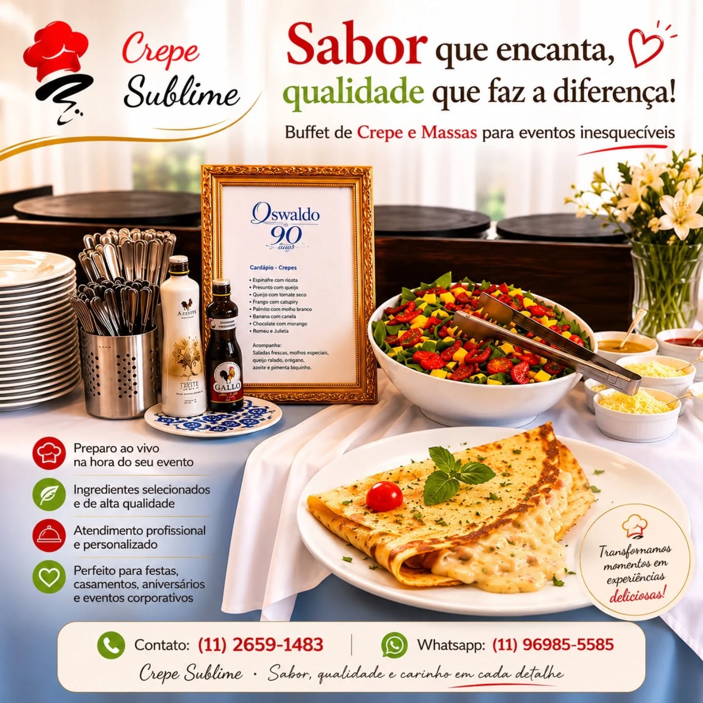 Buffet de Crepe Francês: Sabor, Elegância e Qualidade para o Seu Evento

Se você procura um buffet de crepe francês para tornar seu evento inesquecível, oferecemos uma experiência gastronômica completa, com ingredientes selecionados, atendimento profissional e muito sabor. Nosso buffet de crepe em domicílio é ideal para aniversários, casamentos, confraternizações empresariais, festas de debutante e eventos corporativos.

O crepe francês é preparado na hora, proporcionando uma experiência diferenciada para seus convidados. Trabalhamos com opções doces e salgadas, garantindo variedade e qualidade em cada atendimento. Nosso compromisso é oferecer um buffet para festas com organização, higiene, pontualidade e excelência no serviço.

Atendemos eventos de todos os portes, levando praticidade e sofisticação para sua comemoração. Se você busca um buffet de crepe para casamento, buffet de crepe para aniversário, buffet corporativo ou buffet em domicílio, conte com uma equipe especializada para transformar seu evento em um momento único.

* Crepes preparados na hora
*Ingredientes de alta qualidade
*Atendimento profissional
*Buffet em domicílio
*Opções doces e salgadas
*Ideal para festas e eventos corporativos

Entre em contato e solicite um orçamento para o seu buffet de crepe francês. Surpreenda seus convidados com sabor, qualidade e um atendimento impecável.

#BuffetDeCrepe #CrepeFrances #BuffetEmDomicilio #BuffetParaFestas