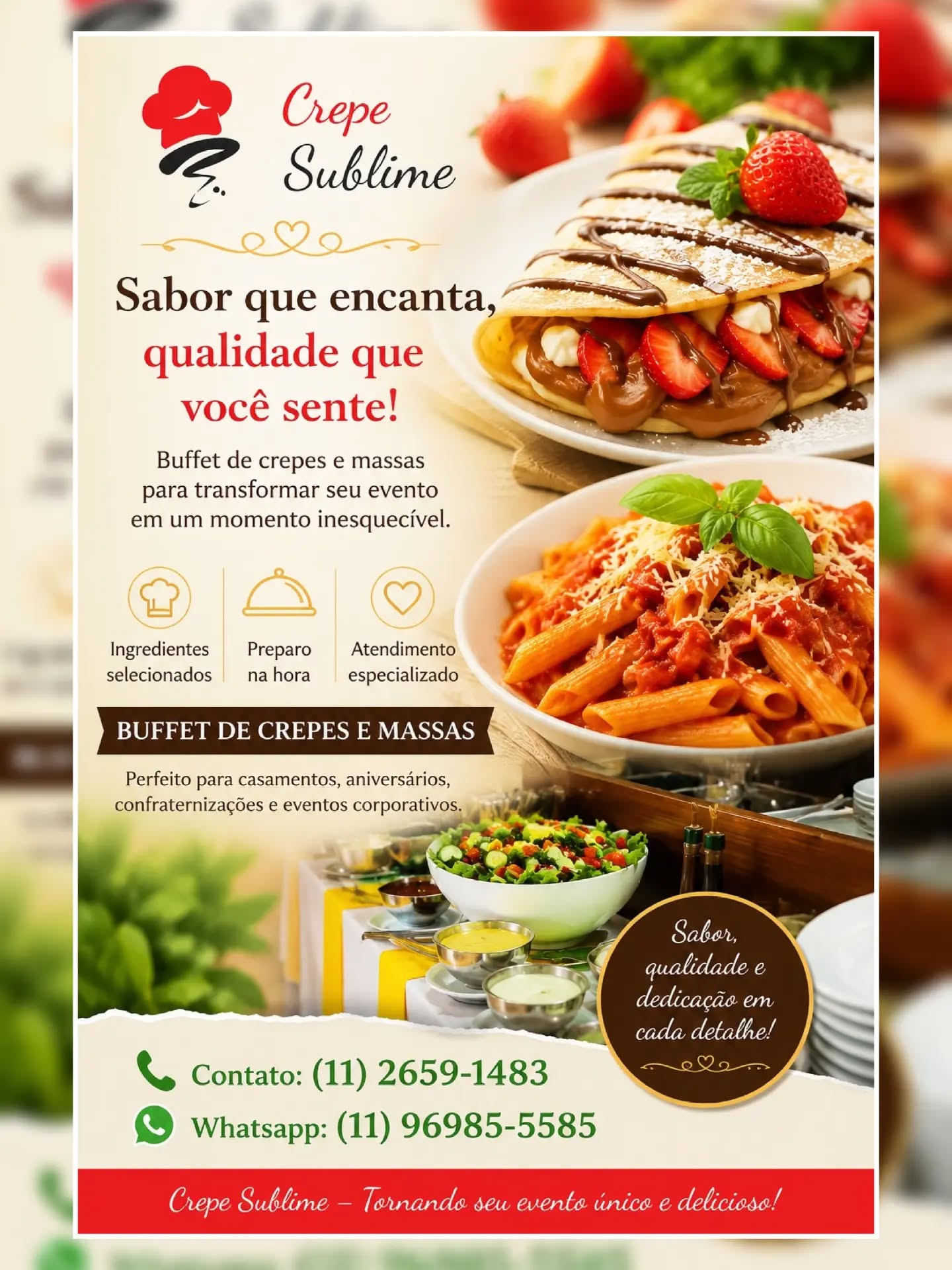 Buffet de Crepe e Buffet de Massas: Sabor, Praticidade e Elegância para Seu Evento

Organizar um evento de sucesso exige atenção a cada detalhe, principalmente quando o assunto é gastronomia. Um buffet de crepe e um buffet de massas oferecem uma combinação perfeita de sabor, sofisticação e praticidade, tornando qualquer ocasião ainda mais especial.

Seja para aniversários, casamentos, confraternizações, eventos empresariais ou festas em casa, um buffet em domicílio proporciona uma experiência completa, com atendimento profissional e pratos preparados na hora.

#BuffetDeCrepe ##buffet #buffetdemassas