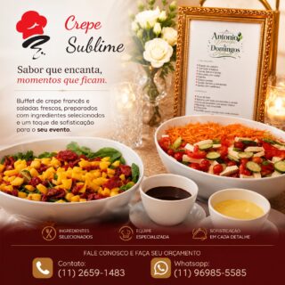 Buffet de Crepe em São Paulo | Sabor e Elegância para Seu Evento

Se você procura um buffet de crepe em São Paulo, escolha um serviço que una qualidade, sabor e atendimento impecável. O buffet de crepe francês em domicílio é ideal para aniversários, casamentos, confraternizações e eventos corporativos, oferecendo crepes preparados na hora, recheios doces e salgados, saladas frescas e ingredientes selecionados.

Com uma equipe especializada e estrutura completa, seu evento ganha praticidade, sofisticação e uma experiência gastronômica inesquecível. O buffet de crepe em domicílio é a opção perfeita para quem deseja encantar os convidados com um cardápio variado e um atendimento de excelência.