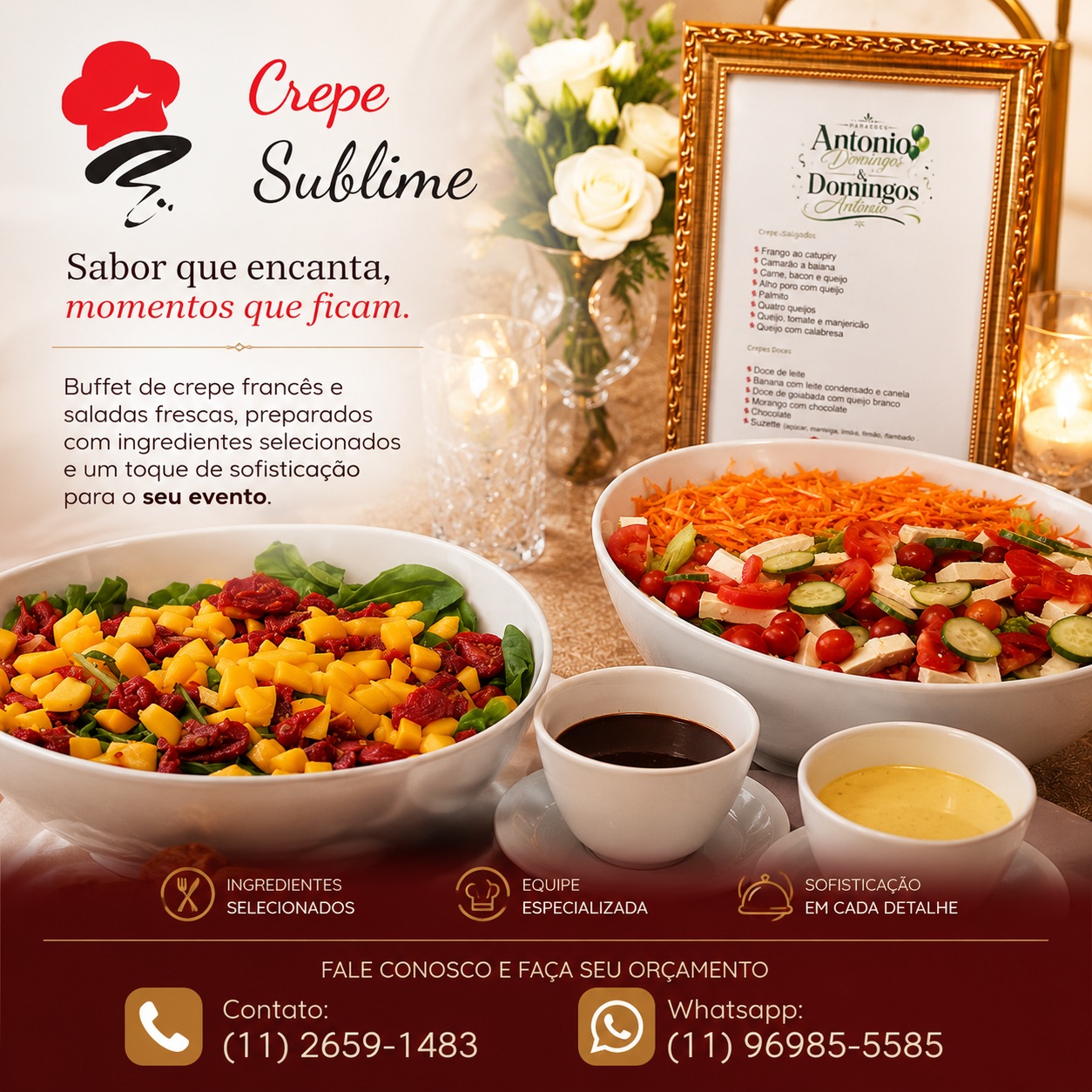 Buffet de Crepe em São Paulo | Sabor e Elegância para Seu Evento

Se você procura um buffet de crepe em São Paulo, escolha um serviço que una qualidade, sabor e atendimento impecável. O buffet de crepe francês em domicílio é ideal para aniversários, casamentos, confraternizações e eventos corporativos, oferecendo crepes preparados na hora, recheios doces e salgados, saladas frescas e ingredientes selecionados.

Com uma equipe especializada e estrutura completa, seu evento ganha praticidade, sofisticação e uma experiência gastronômica inesquecível. O buffet de crepe em domicílio é a opção perfeita para quem deseja encantar os convidados com um cardápio variado e um atendimento de excelência.
