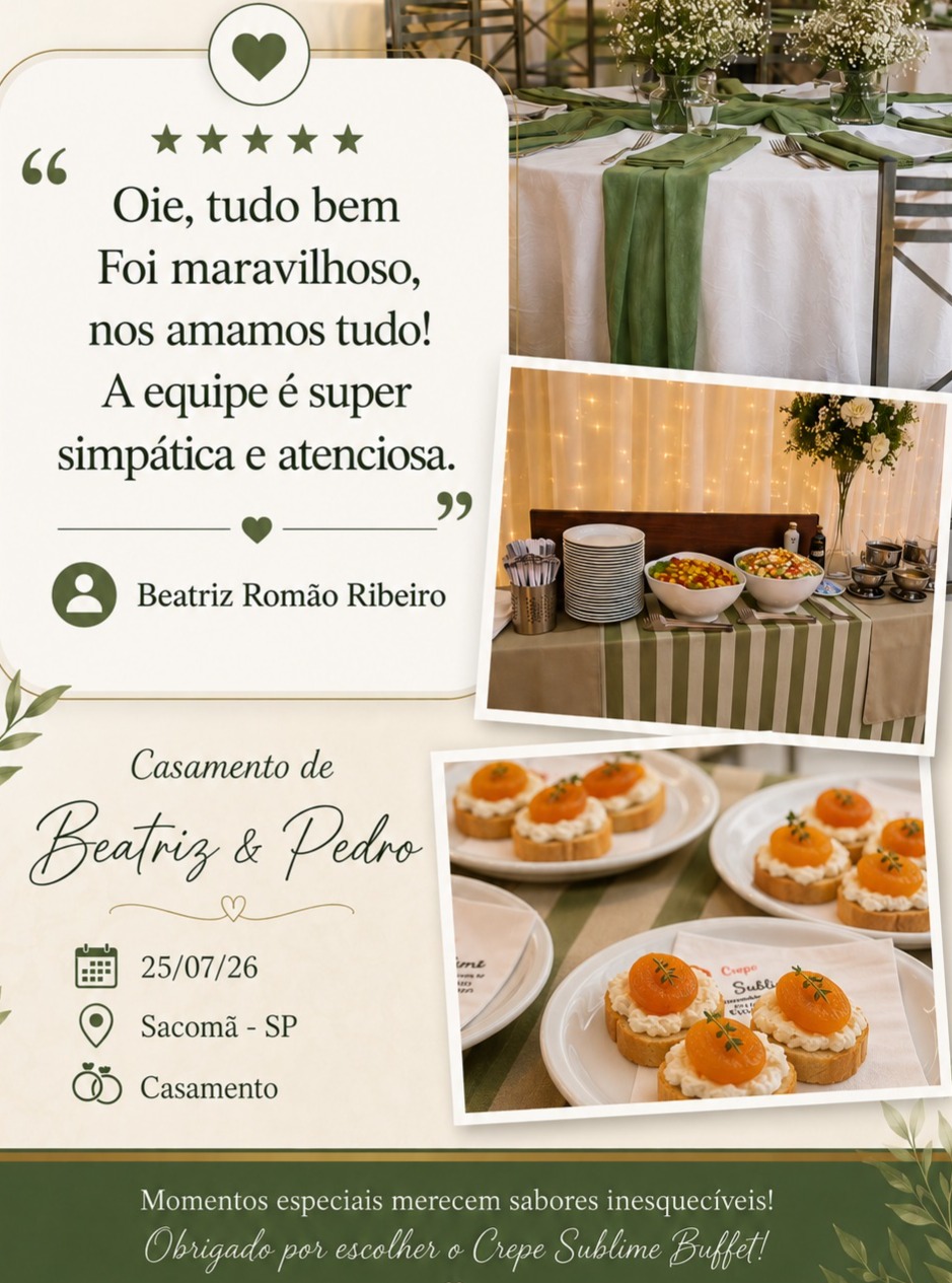 Buffet de Crepe em São Paulo – Crepe Francês para Eventos e Festas

Está procurando um buffet de crepe em São Paulo para tornar seu evento especial e inesquecível? O Crepe Sublime oferece um serviço completo de buffet em domicílio, levando praticidade, sabor e qualidade para aniversários, casamentos, confraternizações, eventos corporativos e festas em toda São Paulo e Grande São Paulo.

Nosso diferencial é o tradicional crepe francês preparado na hora, com ingredientes frescos e selecionados, além de um cardápio variado de recheios salgados e doces que agradam todos os convidados. Também oferecemos opções personalizadas para diferentes estilos de evento, sempre com atendimento profissional e equipe qualificada.

Se você busca um buffet de crepe para festas, com excelente custo-benefício, pontualidade e apresentação impecável, o Crepe Sublime é a escolha certa. Trabalhamos para transformar cada celebração em uma experiência gastronômica única, unindo sabor, elegância e praticidade.

Atendemos eventos de pequeno, médio e grande porte, sempre priorizando qualidade, organização e a satisfação dos clientes. Solicite um orçamento e descubra por que somos referência em buffet de crepe em São Paulo, crepe francês em domicílio e buffet para eventos.

buffet de crepe, buffet de crepe em São Paulo, crepe francês, buffet em domicílio, buffet para festas, buffet para eventos, crepe para casamento, buffet corporativo, crepe doce e salgado.