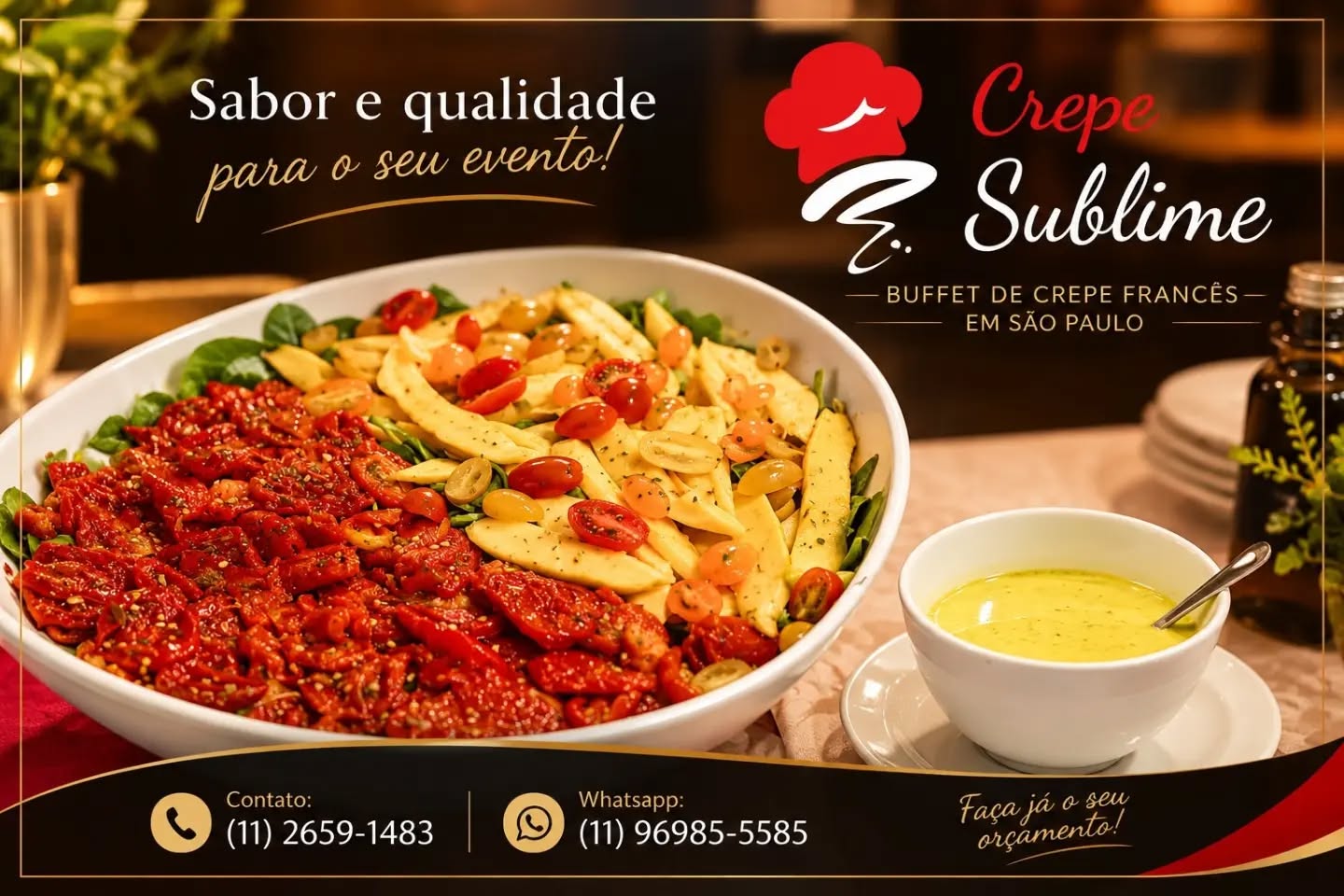 BUFFET DE CREPE FRANCÊS EM SÃO PAULO

Está planejando uma festa, aniversário, casamento, confraternização ou evento corporativo? A Crepe Sublime leva até você uma experiência completa de sabor, qualidade e elegância com nosso buffet de crepe francês em São Paulo.

Nosso buffet de crepe em domicílio é preparado para proporcionar praticidade aos anfitriões e uma experiência deliciosa aos convidados. Trabalhamos com ingredientes selecionados, recheios salgados e doces, produtos frescos e uma equipe qualificada para cuidar de cada detalhe do seu evento.

Atendemos festas e eventos em diversas regiões de São Paulo, incluindo Zona Sul, Zona Norte, Zona Leste, Zona Oeste e Centro, além de cidades da Grande São Paulo.

✨ Por que escolher a Crepe Sublime?
✔️ Buffet de crepe francês
✔️ Buffet de crepe em domicílio
✔️ Crepes salgados e doces
✔️ Ingredientes e produtos de qualidade
✔️ Equipe profissional e atendimento personalizado
✔️ Organização, limpeza e praticidade
✔️ Atendimento para festas e eventos

Se você procura buffet de crepe francês em São Paulo, crepe para festa, buffet em domicílio ou buffet de crepe para eventos, fale com a Crepe Sublime e solicite seu orçamento.

📲 WhatsApp: (11) 96985-5584

Crepe Sublime — sabor, qualidade e elegância para o seu evento! #crepeparafesta #buffet #BuffetDeCrepe #festaemfamília