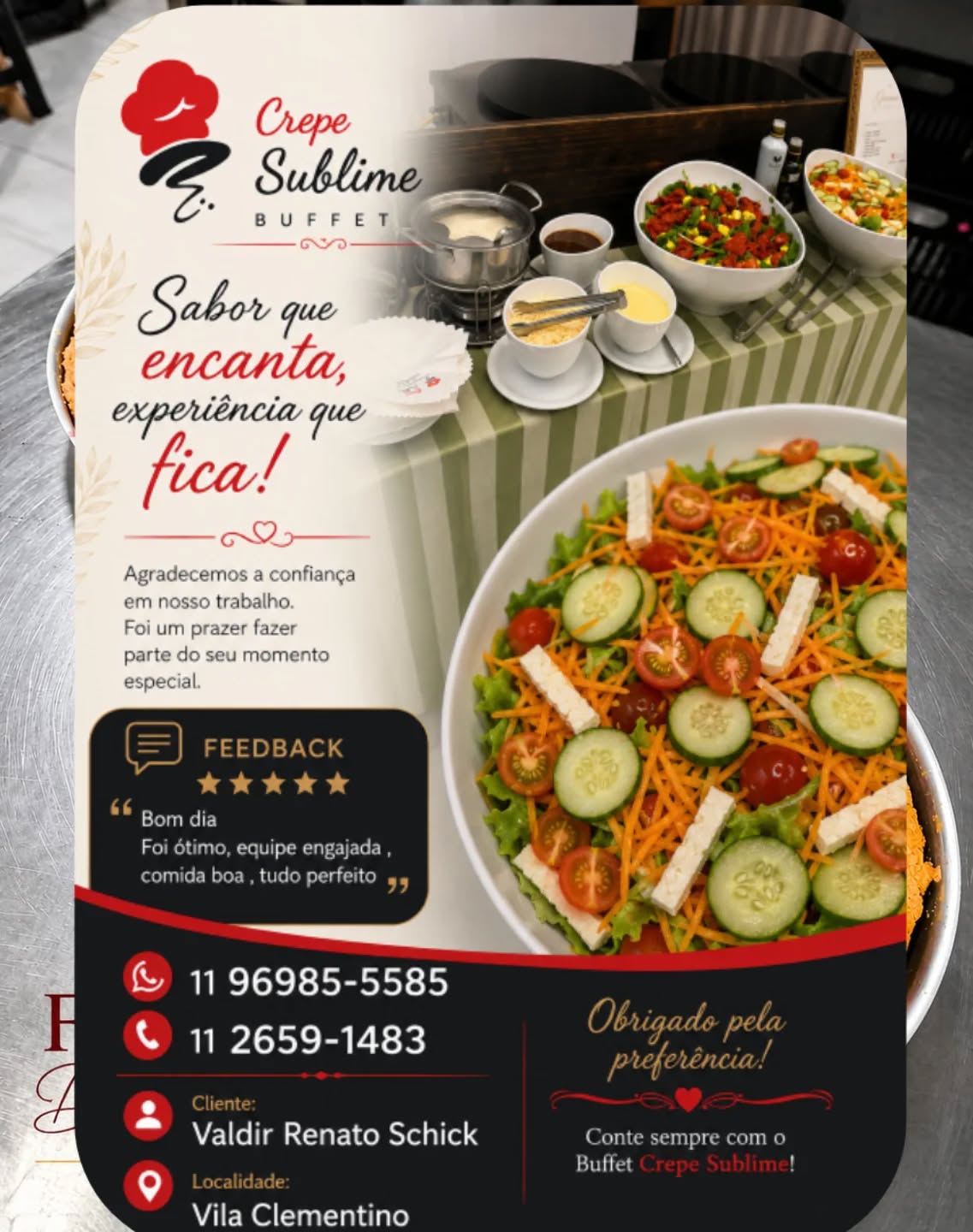 ✨ Agradecimento Especial aos Nossos Clientes! ✨

A equipe do Buffet Crepe Sublime agradece imensamente a confiança de cada cliente que escolhe nossos serviços para tornar seus eventos ainda mais especiais.

É uma honra levar até você o melhor em buffet de massas, crepe francês, sabor, qualidade e atendimento personalizado. Cada evento é preparado com dedicação, ingredientes selecionados e muito carinho para proporcionar uma experiência gastronômica inesquecível.

Sua satisfação é a nossa maior recompensa e motivação para continuarmos oferecendo um buffet em domicílio com excelência, sofisticação e profissionalismo.

💛 Muito obrigado por fazer parte da nossa história!

* Buffet de Massas e Crepe Francês
* Massas preparadas na hora
* Crepe Francês delicioso e sofisticado
* Eventos corporativos, casamentos, aniversários e confraternizações

Buffet Crepe Sublime – Sabor, qualidade e elegância para o seu evento. ✨

#BuffetDeMassas #CrepeFrances #BuffetEmDomicilio #EventoComSabor #buffet