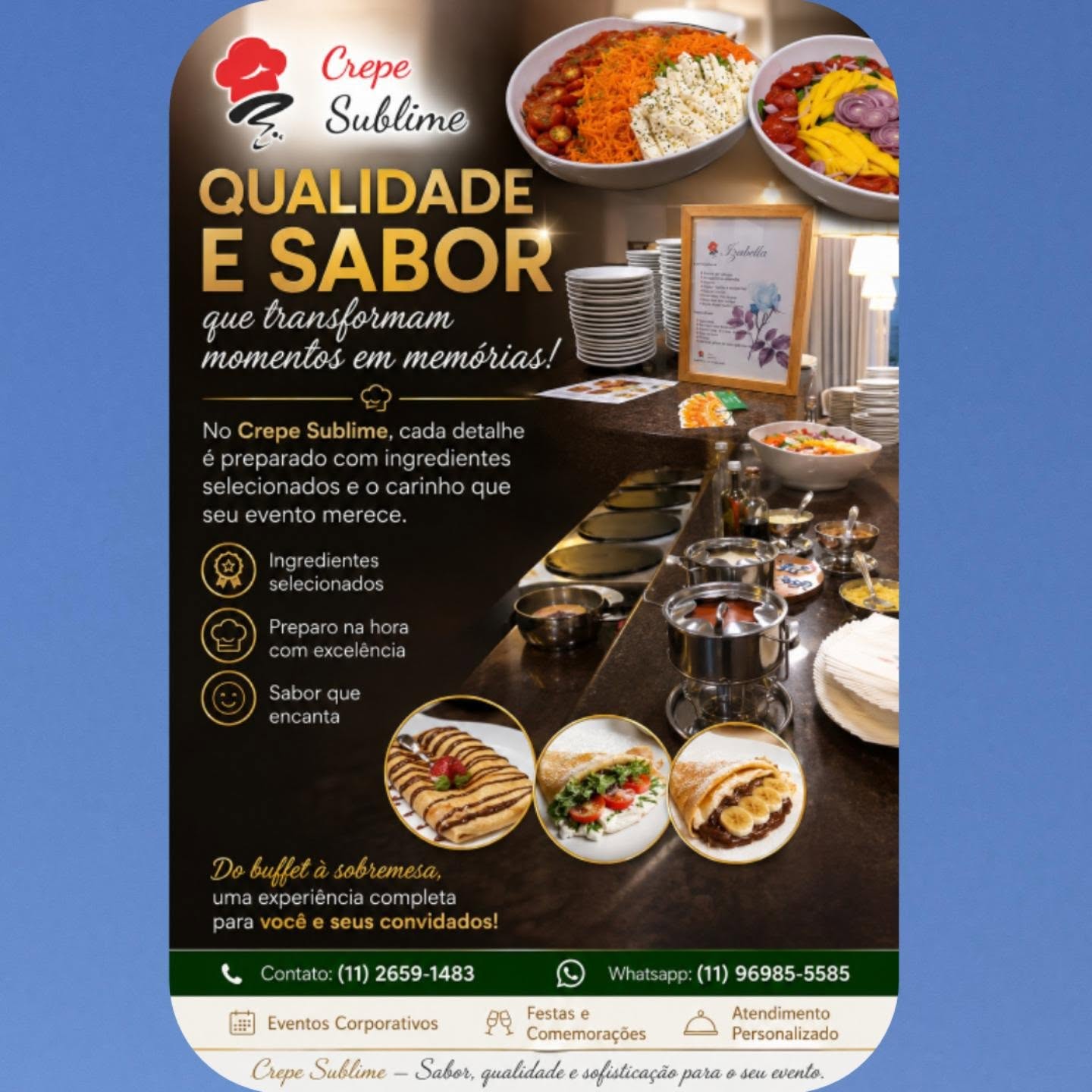 Buffet de Crepe Francês em São Paulo – Sabor e Qualidade para seu Evento! 🥞✨

Transforme sua festa com um buffet de crepe francês preparado na hora, com ingredientes selecionados, recheios variados e atendimento personalizado. Ideal para casamentos, aniversários, eventos corporativos, confraternizações e festas em domicílio. Leve mais sabor, qualidade e sofisticação para seus convidados.

📞 Reserve seu evento: (11) 2659-1483 | WhatsApp: (11) 96985-5585
🌐 www.crepesublime.com.br

buffet de crepe, buffet de crepe francês, buffet em domicílio, buffet para festas, buffet para eventos, crepe francês São Paulo, buffet de crepe SP, buffet corporativo, buffet para aniversário, buffet para casamento, crepe gourmet, buffet de crepe em São Paulo.