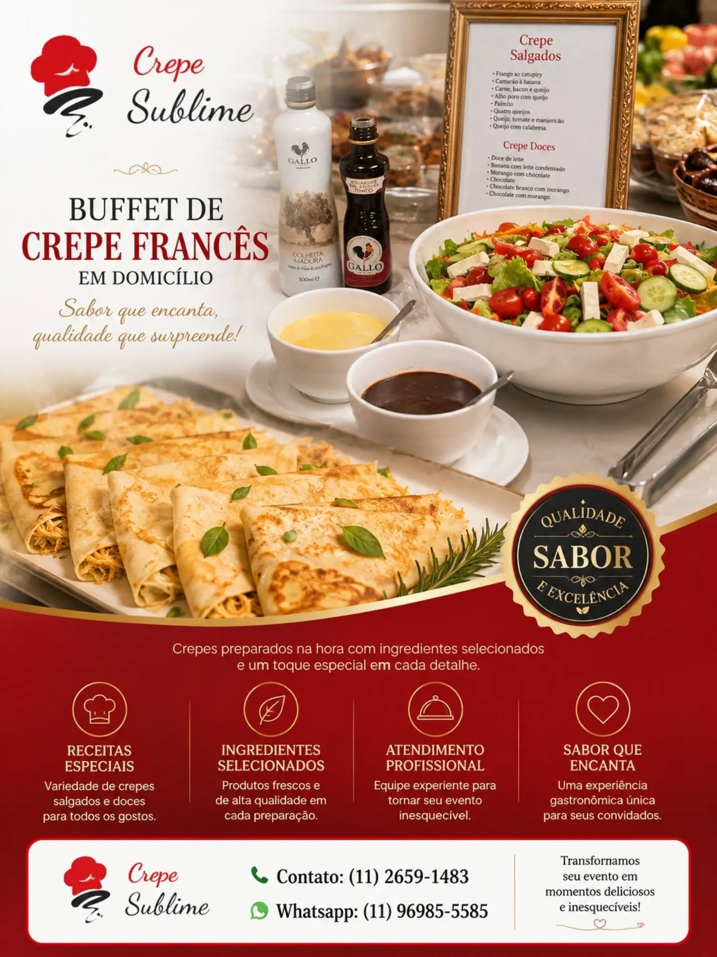 🥞🍝 BUFFET DE CREPE FRANCÊS E BUFFET DE MASSAS EM SÃO PAULO

Está planejando uma festa ou evento e procura um serviço de Buffet de Crepe Francês em São Paulo com qualidade, sabor e excelente atendimento?

A Crepe Sublime oferece Buffet de Crepe Francês e Buffet de Massas em domicílio, levando uma experiência gastronômica completa até o seu evento.

🥞 Buffet de Crepe Francês: crepes preparados na hora, com deliciosos recheios salgados e doces, ingredientes selecionados e uma apresentação especial.

🍝 Buffet de Massas: uma variedade de massas e molhos preparados para proporcionar uma refeição saborosa e agradável aos seus convidados.

Nosso buffet em domicílio em São Paulo é uma excelente opção para aniversários, casamentos, festas de 15 anos, confraternizações, formaturas, eventos corporativos e diversas comemorações.

✨ Se você procura Buffet de Crepe em São Paulo, Buffet de Crepe Francês, Buffet de Massas em São Paulo, Buffet de Massas em Domicílio ou buffet para festas e eventos, conte com a experiência da Crepe Sublime.

📍 Atendimento em São Paulo e Grande São Paulo.

❤️ Crepe Sublime — sabor, qualidade e cuidado em cada evento!

📲 Entre em contato e solicite seu orçamento.

#BuffetDeCrepe #BuffetDeCrepeFrances #CrepeFrances #BuffetDeMassas #buffetdemassasemdomicílio