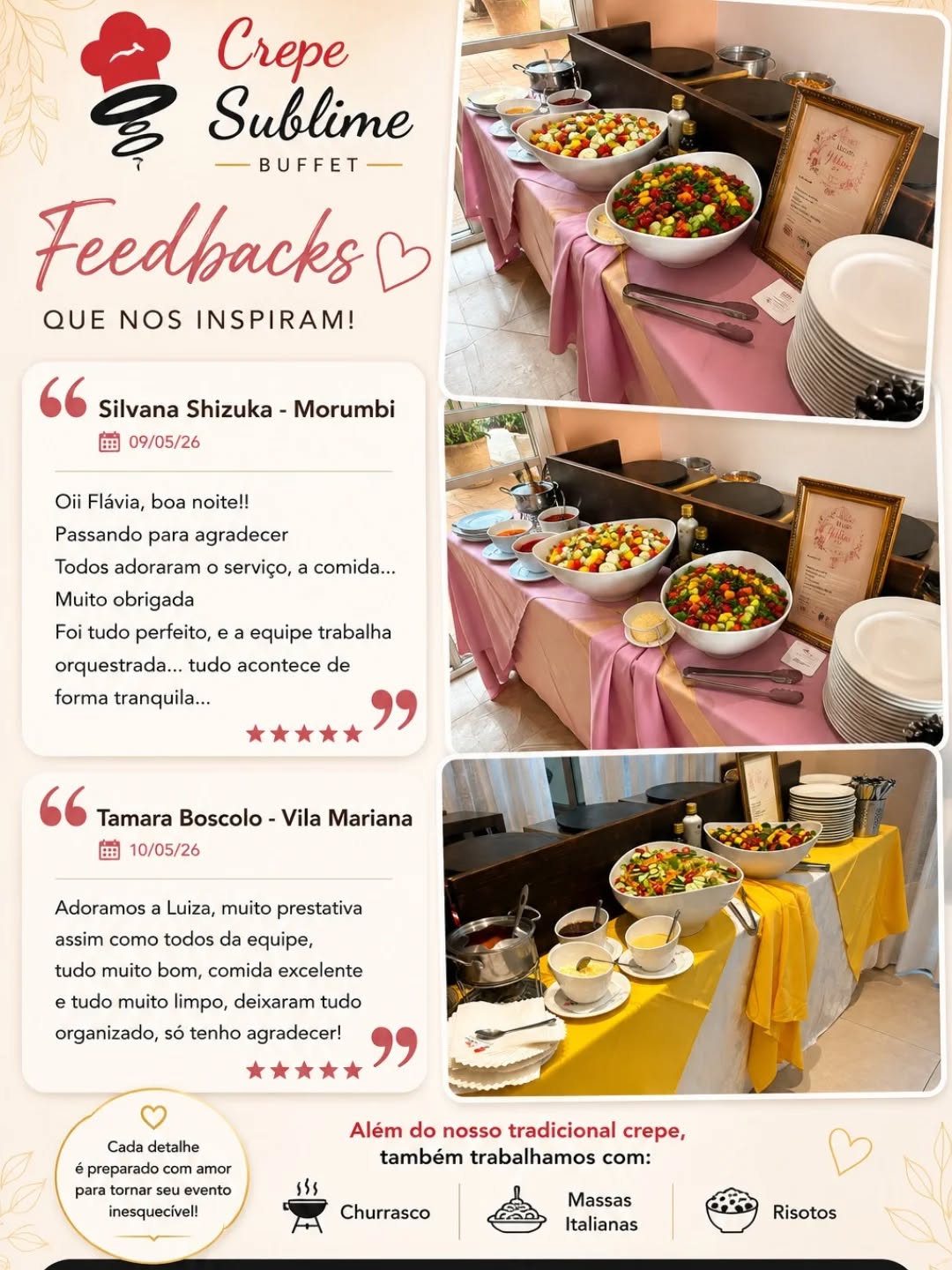 Gratidão que transborda em cada evento.

Nós da Buffet Crepe Sublime agradecemos imensamente a cada cliente que confia em nosso trabalho para tornar momentos especiais ainda mais inesquecíveis. 

Cada festa, confraternização e celebração é preparada com carinho, dedicação e muito sabor. Ver a satisfação e o sorriso de vocês é o que nos motiva todos os dias!

Obrigado por fazer parte da nossa história e permitir que o Buffet Crepe Sublime esteja presente em momentos tão importantes. 

📍 Buffet em domicílio
📞 Contato: (11) 2659-1483
📲 WhatsApp: (11) 96985-5585

#Gratidão #BuffetCrepeSublime #BuffetADomicílio #CrepeFrancês #eventoscorporativos
