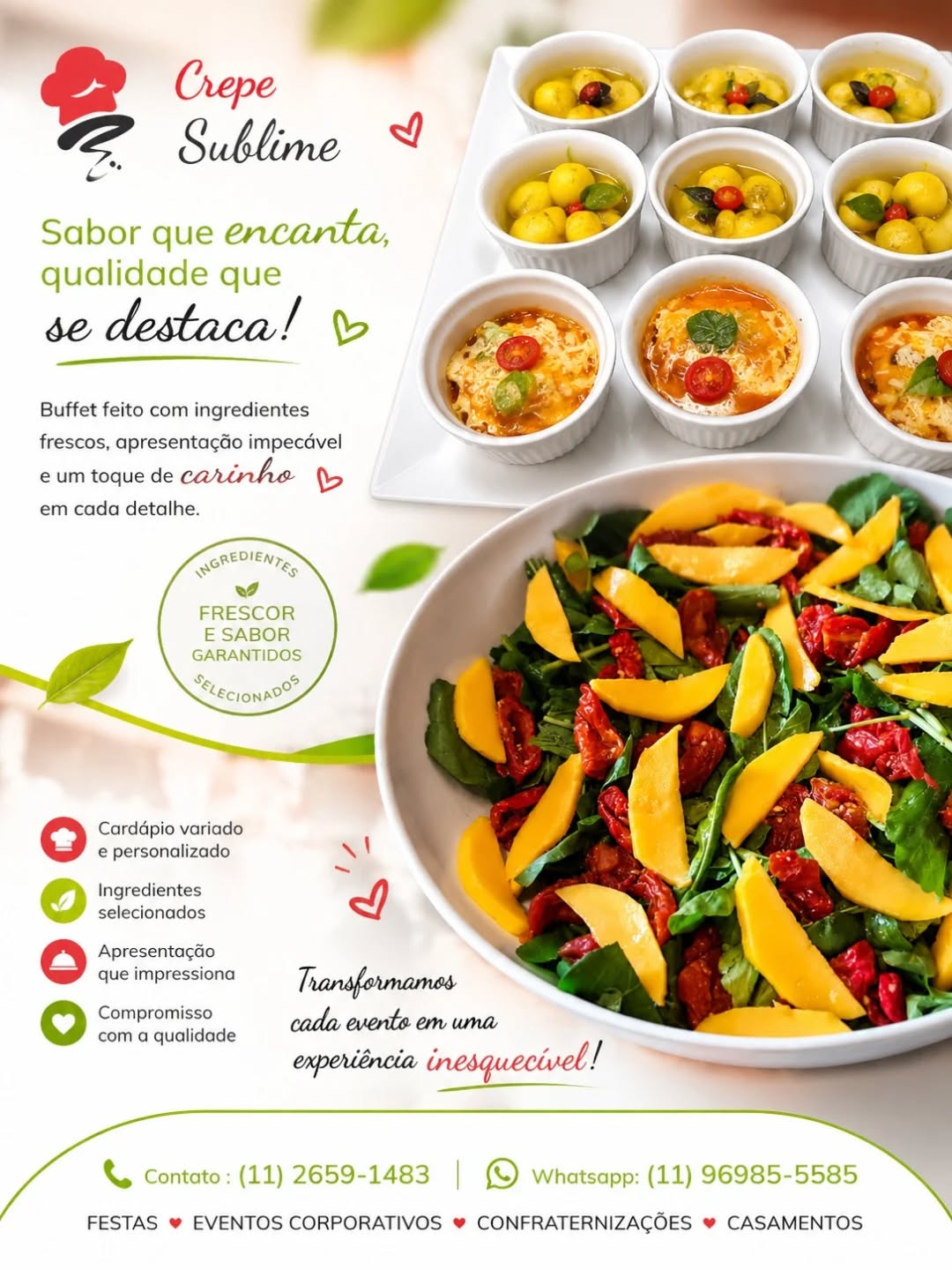 Transforme seu evento em uma experiência inesquecível com o sabor e a sofisticação do nosso buffet de massas!
No Crepe Sublime, cada prato é preparado com ingredientes frescos, molhos especiais e apresentação impecável, levando mais sabor, qualidade e elegância para casamentos, aniversários, confraternizações e eventos corporativos.

* Trabalhamos com um cardápio personalizado de massas artesanais, crepes franceses, saladas especiais e acompanhamentos preparados com muito carinho para surpreender seus convidados.

* Buffet de massas em domicílio
* Buffet de crepe francês
* Eventos corporativos e sociais
*  Atendimento personalizado
* Qualidade, sabor e sofisticação

📍Atendemos festas e eventos com excelência, organização e pontualidade.
📲 Solicite seu orçamento e garanta um buffet completo para o seu evento!

☎️ Contato: (11) 2659-1483
📱 WhatsApp: (11) 96985-5585

#BuffetDeMassas #BuffetDeCrepe #CrepeFrances #BuffetEmDomicilio #buffetparaeventos