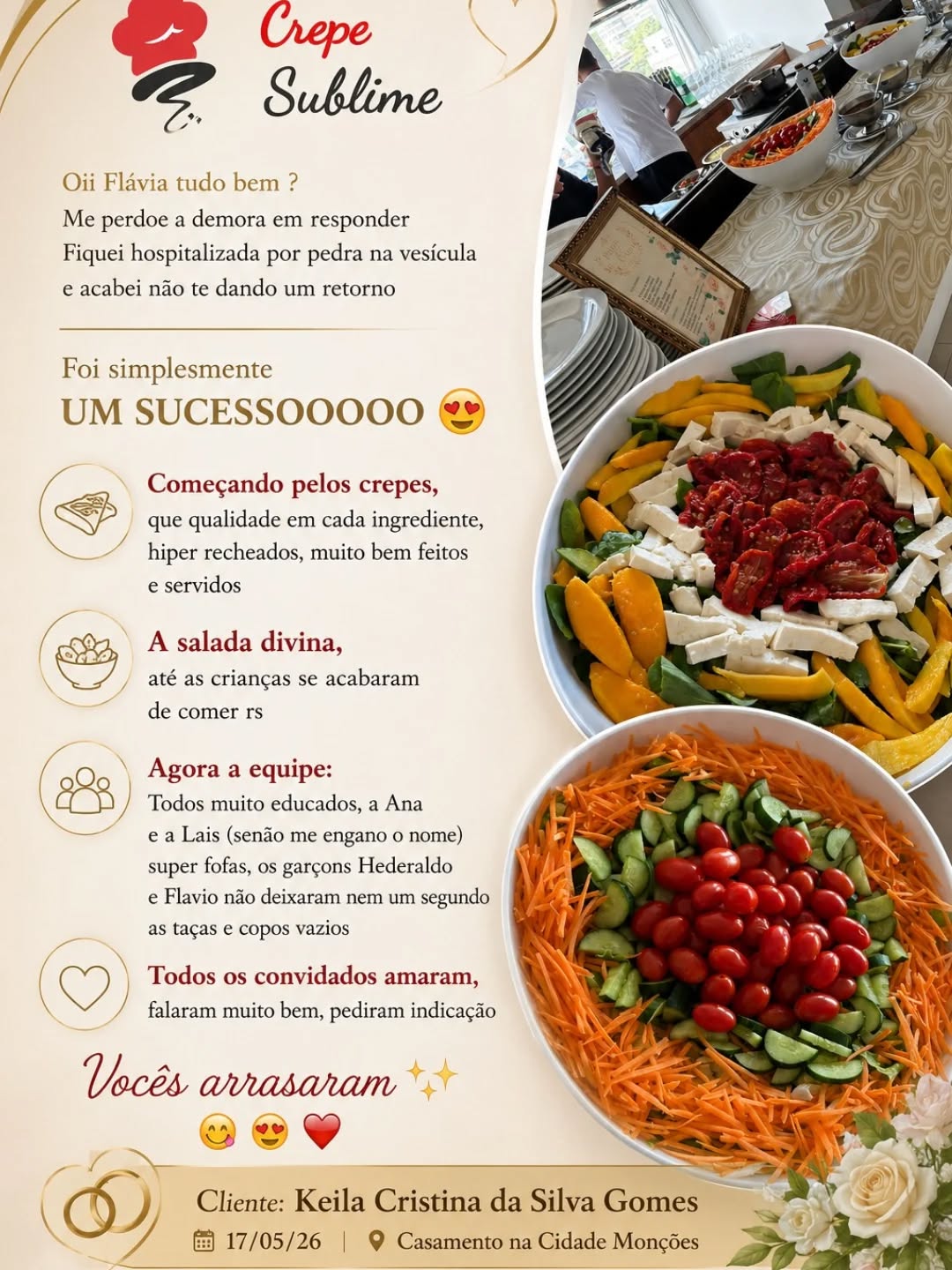 Muito obrigado pelo carinho e pela confiança em nosso trabalho!
Ficamos felizes em saber que nosso buffet de crepe francês e buffet de massas superou suas expectativas. Trabalhamos sempre com ingredientes de qualidade, atendimento profissional e muito sabor para tornar cada evento único e especial.

Foi um prazer participar desse momento tão importante! 
Conte sempre com o Buffet Crepe Sublime para festas, eventos corporativos, aniversários e buffet em domicílio em São Paulo.

#BuffetDeCrepe #CrepeFrances #BuffetDeMassas #BuffetEmDomicilio #EventoComSabor