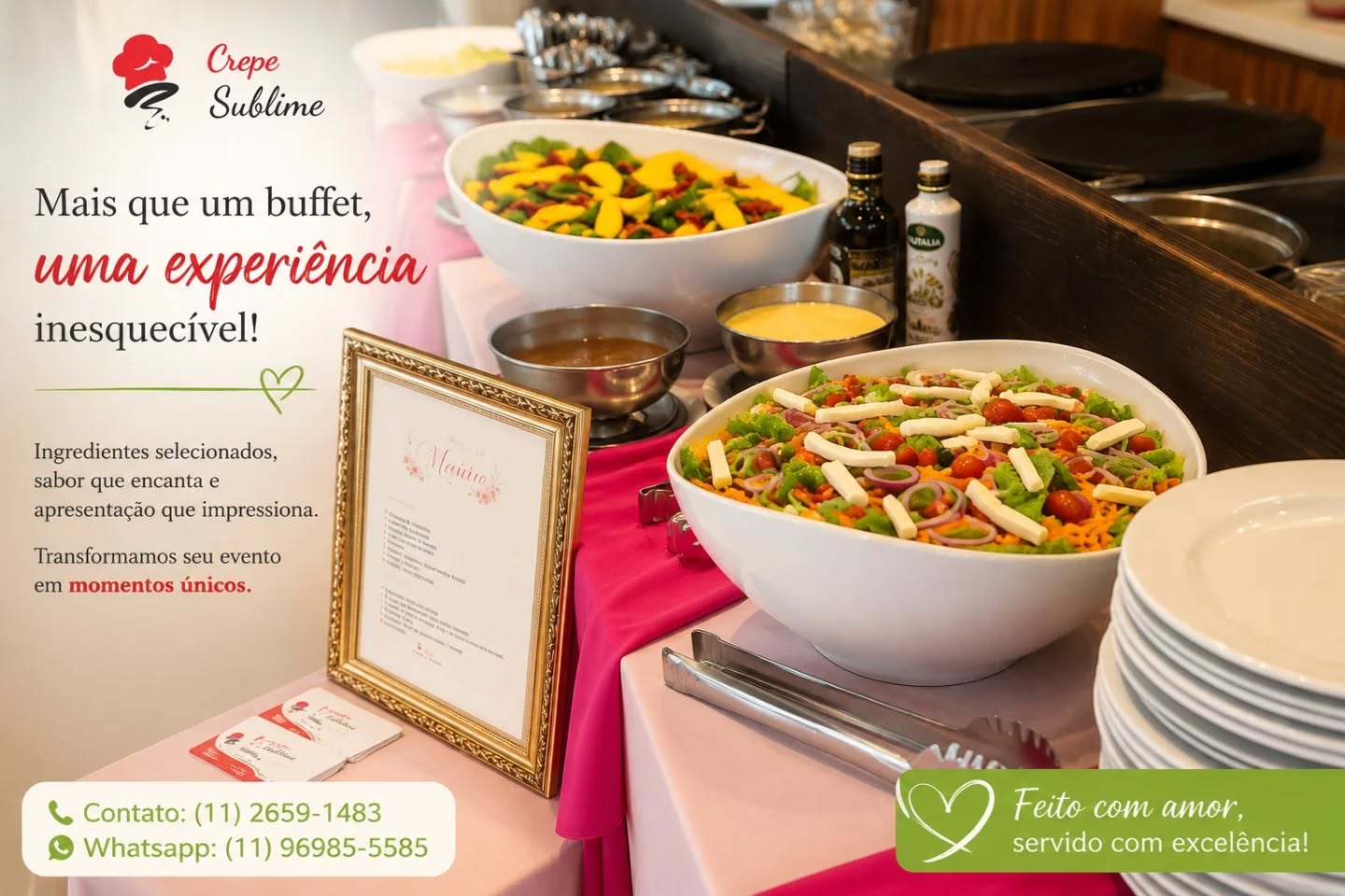Buffet de Crepe Francês e Buffet de Massas para Eventos em São Paulo.

Transforme seu evento em uma experiência gastronômica inesquecível com o Crepe Sublime. Somos especialistas em buffet de crepe francês e buffet de massas em domicílio, oferecendo sabor, qualidade, sofisticação e atendimento profissional para festas, aniversários, casamentos, confraternizações corporativas e eventos sociais.

Nossos crepes franceses são preparados na hora, com ingredientes selecionados e uma grande variedade de recheios doces e salgados. Além disso, nosso buffet de massas conta com molhos especiais, massas frescas e uma mesa de saladas cuidadosamente elaborada para encantar seus convidados.

Se você procura um buffet para festa, buffet em domicílio, buffet de crepe para casamento, buffet de massas para eventos corporativos ou buffet gastronômico de alta qualidade, o Crepe Sublime é a escolha ideal.

* Buffet de Crepe Francês
* Buffet de Massas
* Buffet para Casamentos
* Buffet para Aniversários
* Buffet Corporativo
* Buffet em Domicílio
* Atendimento em São Paulo e Região

Entre em contato e solicite um orçamento personalizado.

📞 Contato: (11) 2659-1483
📱 WhatsApp: (11) 96985-5585

#BuffetDeCrepe #BuffetDeCrepeFrances #BuffetDeMassas #BuffetEmDomicilio #buffetparaeventos