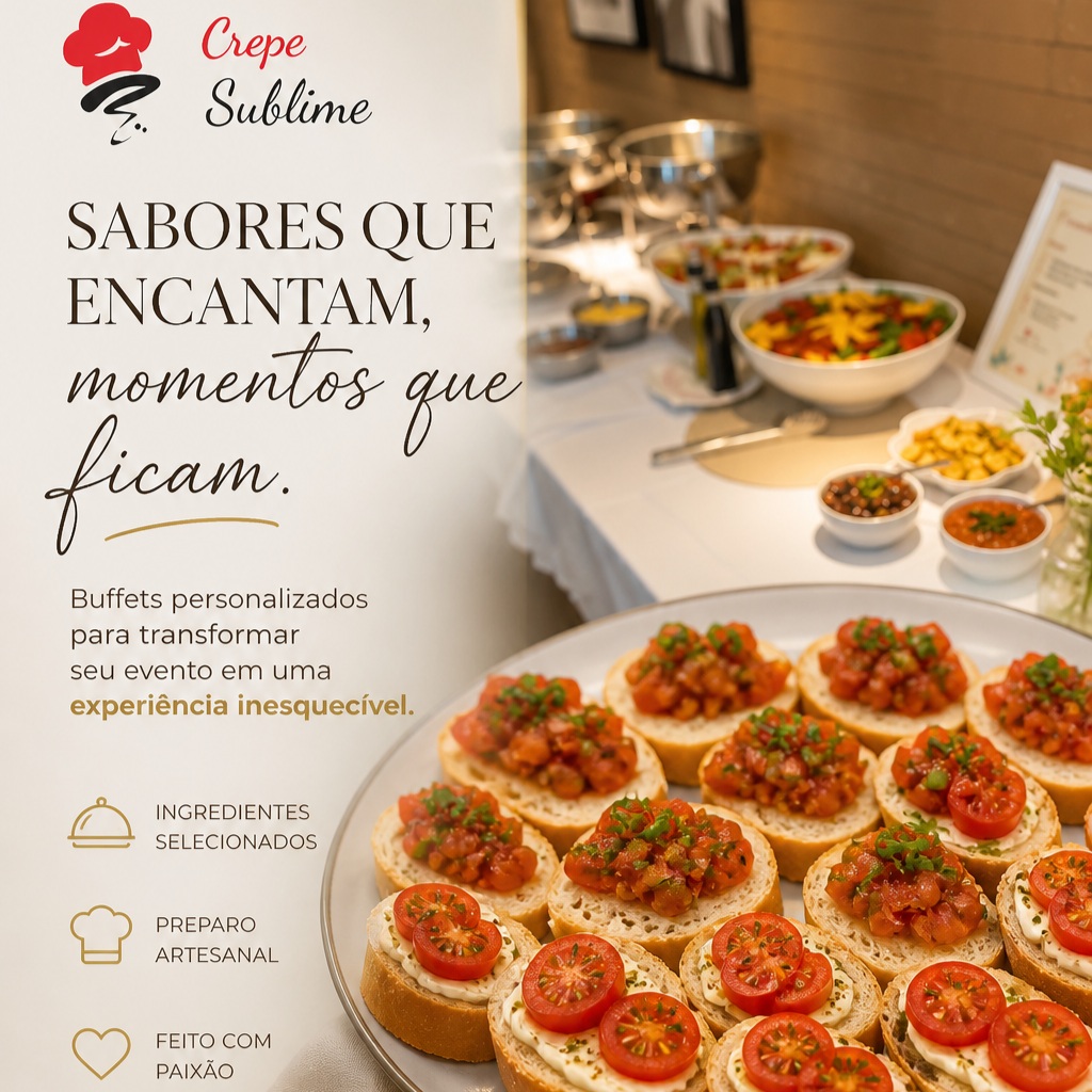 🍽️ BUFFET DE CREPE FRANCÊS E BUFFET DE MASSAS EM DOMICÍLIO EM SÃO PAULO

Quer transformar seu evento em uma experiência deliciosa e especial? A Crepe Sublime oferece Buffet de Crepe Francês em domicílio e Buffet de Massas em domicílio, levando sabor, qualidade e praticidade até você! 🥞🍝

Nosso buffet de crepe francês é preparado na hora, com ingredientes selecionados e diversas opções de recheios doces e salgados. Uma excelente escolha para casamentos, aniversários, festas, confraternizações, eventos corporativos e comemorações em geral.

Também oferecemos Buffet de Massas, com massas preparadas no momento e opções deliciosas para agradar todos os convidados.

📍 Atendimento em São Paulo e Grande São Paulo

✨ Buffet de Crepe Francês em São Paulo
✨ Buffet de Crepe em Domicílio
✨ Buffet de Massas em São Paulo
✨ Buffet de Massas em Domicílio
✨ Crepe Francês para Festas e Eventos
✨ Buffet para Casamentos, Aniversários e Eventos Corporativos

Na Crepe Sublime, cada evento é preparado com atenção aos detalhes, qualidade dos ingredientes e um atendimento profissional para tornar sua comemoração ainda mais especial.

📲 Entre em contato e solicite seu orçamento!

#BuffetDeCrepe #BuffetDeCrepeFrances #CrepeFrances #BuffetDeCrepeEmDomicilio #BuffetDeMassas #BuffetDeMassasEmDomicilio #buffetemdomicilio