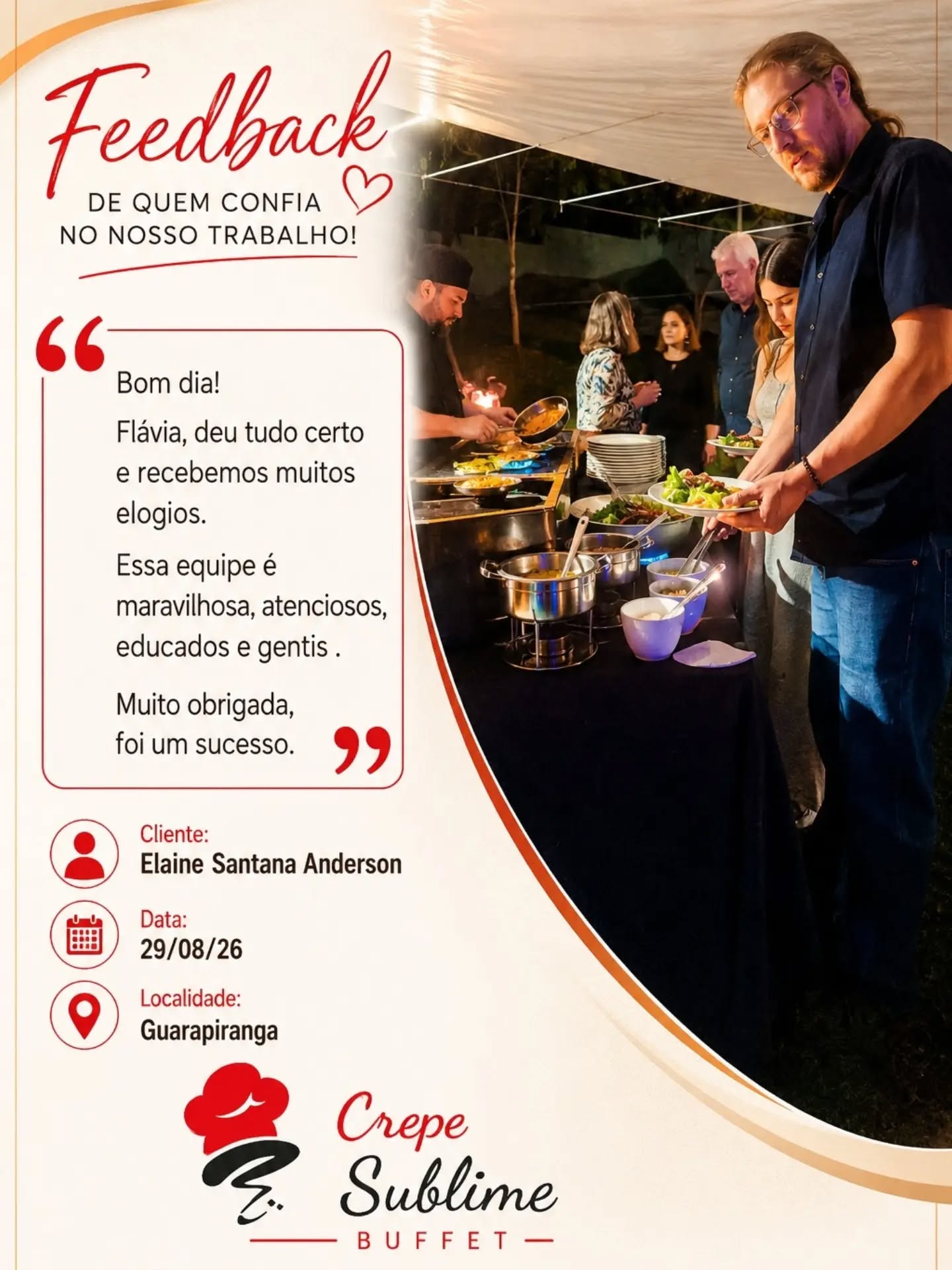 🥞✨ SEU EVENTO MERECE UM SABOR ESPECIAL!

Que tal transformar sua festa em uma experiência gastronômica inesquecível? ❤️

Com o Buffet de Crepe Sublime, você recebe em seu evento todo o sabor e a sofisticação do crepe francês preparado na hora, com ingredientes selecionados e uma equipe profissional.

🥞 Crepes preparados na hora
🍴 Ingredientes de qualidade
✨ Atendimento profissional
🏡 Buffet em domicílio
🎉 Ideal para aniversários, casamentos, confraternizações e eventos corporativos

Do primeiro crepe ao último, tudo é preparado com carinho, qualidade e muito sabor para tornar seu evento ainda mais especial!

📍 Atendemos São Paulo e Grande São Paulo

💬 Entre em contato e solicite seu orçamento!

Hashtags

#BuffetDeCrepe #BuffetDeCrepeFrances #CrepeFrances #BuffetEmDomicilio #buffetparafestas
