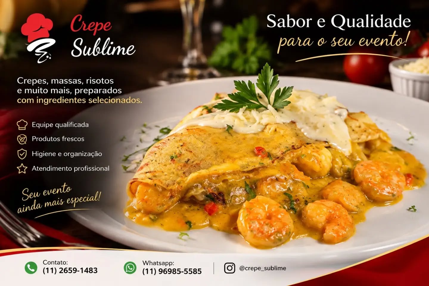 Buffet de crepe em São Paulo para festas e eventos. Buffet de crepe francês em domicílio, com crepes salgados e doces, qualidade e atendimento profissional.
