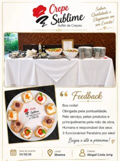Agradecimento especial pela confiança na Crepe Sublime!
Gostaríamos de agradecer de coração por escolher a Crepe Sublime para fazer parte desse momento tão especial! 🥞✨
Foi uma alegria levar nosso buffet de crepe francês até vocês e contribuir para tornar o evento ainda mais saboroso e inesquecível.
Agradecemos pela confiança em nosso trabalho e pela oportunidade de servir nossos crepes preparados com carinho, qualidade e dedicação. Esperamos que você e seus convidados tenham aproveitado cada sabor!
Que venham muitos outros momentos especiais! Será sempre um prazer fazer parte das suas comemorações.
Crepe Sublime — levando sabor, qualidade e sofisticação para o seu evento!